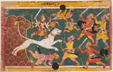 A page from the Devi-Mahatmya: The Goddess as the Drinker of the Demon Raktabija, c. 1640. Creator: Unknown
