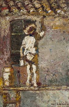 A painter at work on a house wall, 1875. Creator: Adolphe Monticelli
