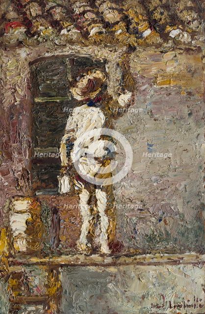A painter at work on a house wall, 1875. Creator: Adolphe Monticelli.