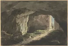 A painter walks with his drawing board into a rock cave that can be closed off by a massive gate. Creator: Jean Grandjean