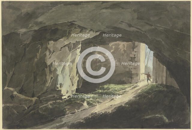 A painter walks with his drawing board into a rock cave that can be closed off by a massive gate. Creator: Jean Grandjean.