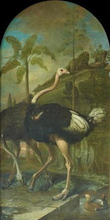 A pair of ostriches, a sarcophagus in the background, 1723. Creator: Ignaz Heinitz von Heinzenthal