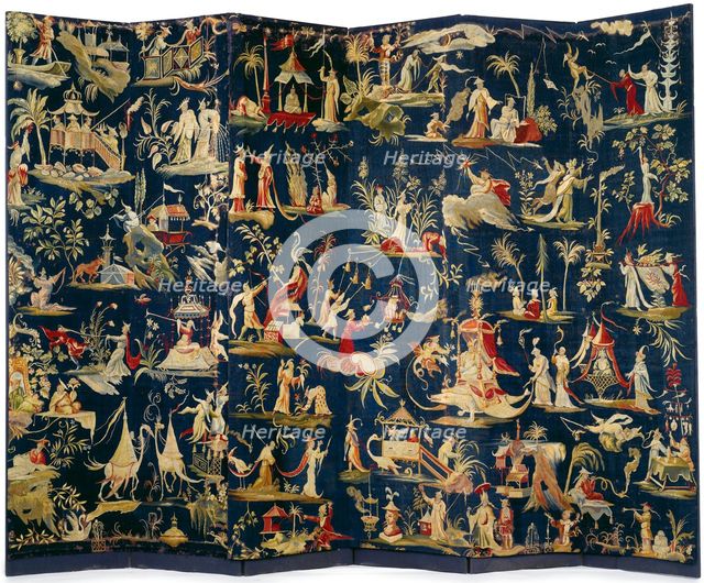 A pair of Brussels Chinoiserie tapestry-covered six-fold screens, ca 1712.
