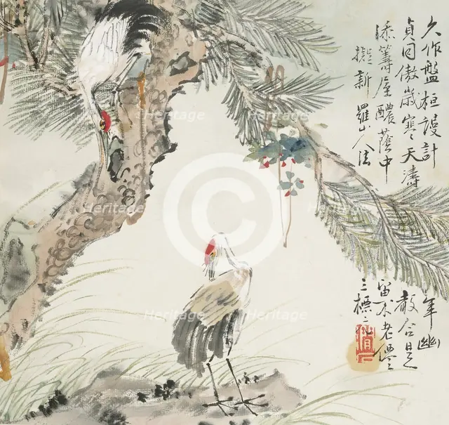 A pair of cranes by a pine tree, 1857. Artist: Jin Yuan.