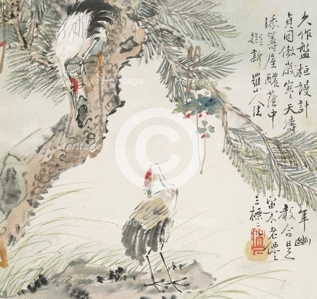A pair of cranes by a pine tree, 1857. Artist: Jin Yuan.