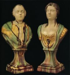 A Pair of Staffordshire Earthenware Busts Representing King George III and Queen Charlotte, with Tr