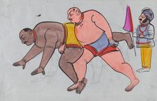 A pair a wrestlers with referee. Creator: Unknown
