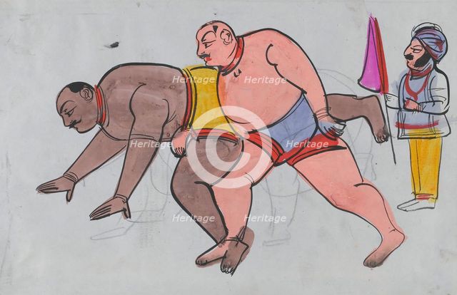 A pair a wrestlers with referee. Creator: Unknown.