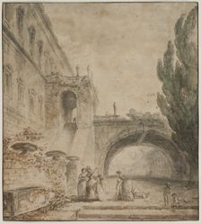 A Palace with an Arched Bridge (A Roman Villa), 1760. Creator: Hubert Robert (French, 1733-1808)