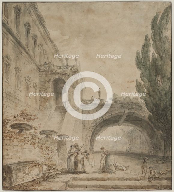 A Palace with an Arched Bridge (A Roman Villa), 1760. Creator: Hubert Robert (French, 1733-1808).