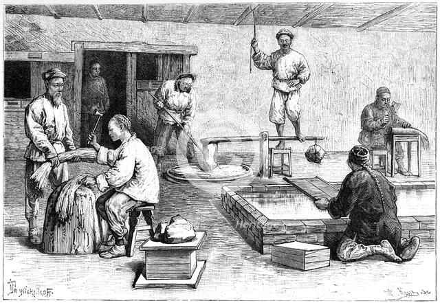 A paper mill, China, 1895.Artist: Armand Kohl
