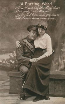 A Parting Word romantic postcard featuring a soldier and his sweetheart