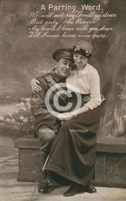 'A Parting Word', romantic postcard featuring a soldier and his sweetheart. Artist: Unknown