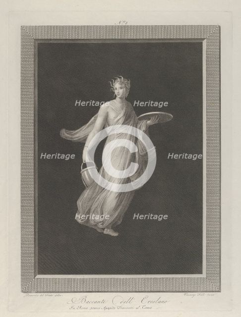 A partly naked bacchante holding a disk in her raised left hand and a bucket in h..., ca. 1795-1820. Creators: Vicenzo Feoli, Domenico del Frate.