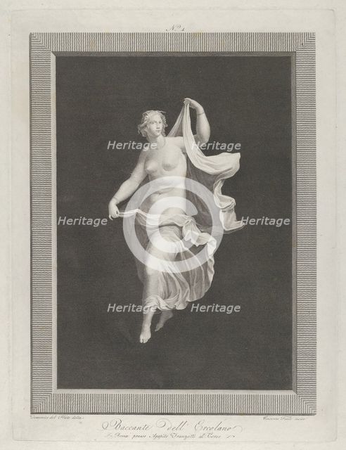 A partly nude bacchante stepping forward and holding ends of her drapery in each ..., ca. 1795-1820. Creators: Vicenzo Feoli, Domenico del Frate.