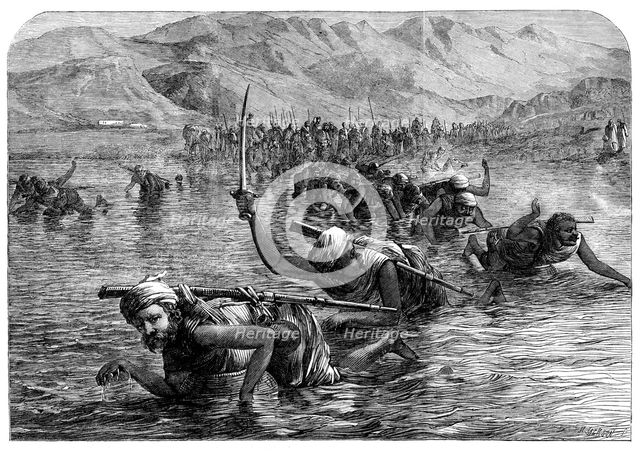 A party of Wuzurees crossing the Indus on water-jars, 1864. Creator: Mason Jackson.
