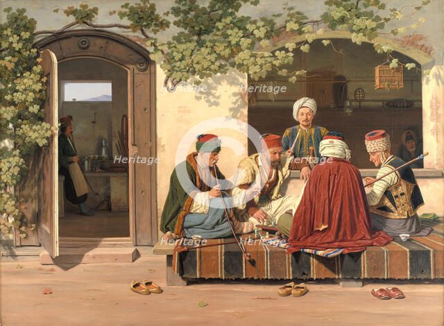 A party of chess players outside a Turkish coffeehouse and barbershop, 1845. Creator: Martinus Rorbye.