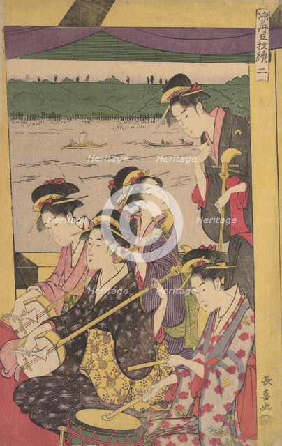 A Party of Geisha in a Suzumi-bune, i.e. "cooling-off boat." (Second Scene of a Boatin..., ca. 1796. Creator: Eishosai Choki.