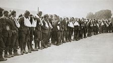 A parade of the walking wounded, Somme campaign, France, World War I, 1916