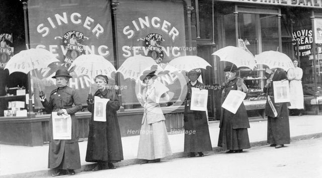 A parasol parade selling "The Suffragette" newspaper, Brighton, Sussex, 1914. Creator: Unknown.