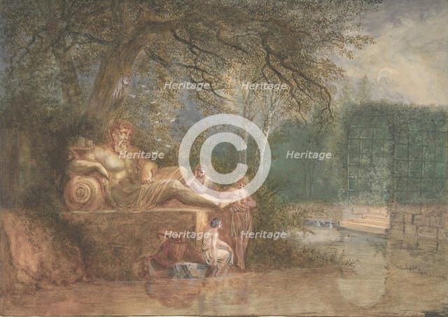 A Park with Figures at a Statue near Water, 1775 (?). Creator: Salomon Gessner.