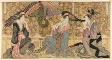 A parody of courtesans on display at the Ogiya (Ogiya mise yatsushi), c. 1795. Creator: Chokosai Eisho