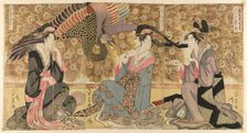 A parody of courtesans on display at the Ogiya (Ogiya mise yatsushi), c. 1795. Creator: Chokosai Eisho