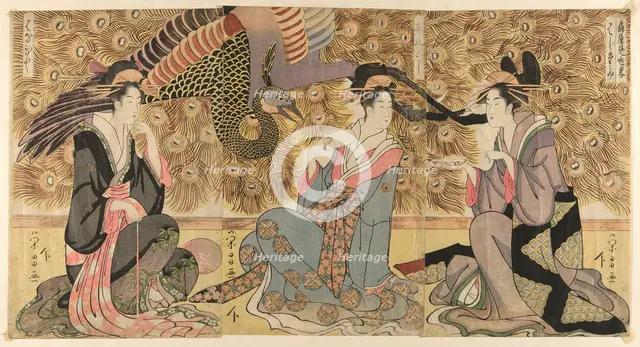 A parody of courtesans on display at the Ogiya (Ogiya mise yatsushi), c. 1795. Creator: Chokosai Eisho.
