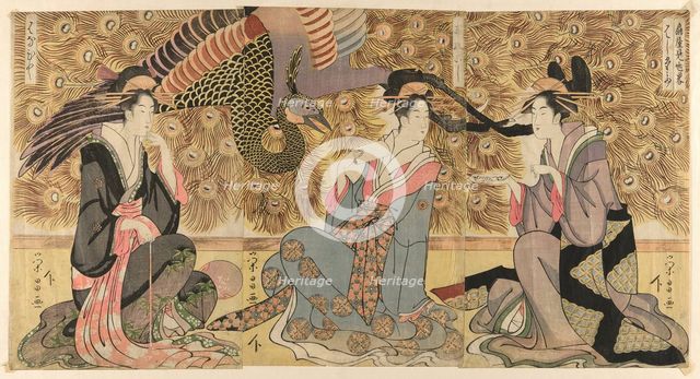 A parody of courtesans on display at the Ogiya (Ogiya mise yatsushi), c. 1795. Creator: Chokosai Eisho.