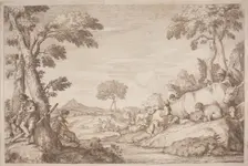 A Pastoral Journey with a Boy Playing His Flute by a Tree, 1759. Creator: Gaetano Gherardo Zompini