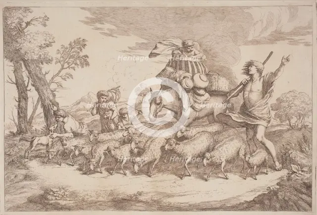A Pastoral Journey with a Child in a Basket on Horseback, 1758/1759. Creator: Gaetano Gherardo Zompini.