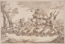 A Pastoral Journey with a Child in a Basket on Horseback, 1758/1759. Creator: Gaetano Gherardo Zompini