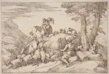 A Pastoral Journey with a Mother and Child on Horesback and an Elderly Shepherd..., 1758/1759. Creator: Gaetano Gherardo Zompini