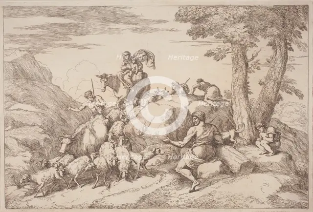 A Pastoral Journey with a Mother and Child on Horesback and an Elderly Shepherd..., 1758/1759. Creator: Gaetano Gherardo Zompini.