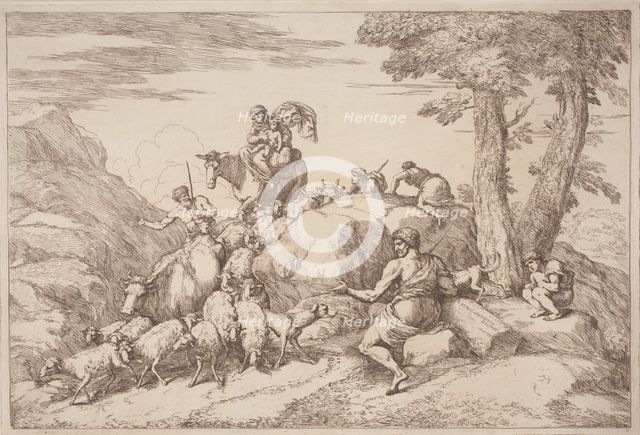 A Pastoral Journey with a Mother and Child on Horesback and an Elderly Shepherd..., 1758/1759. Creator: Gaetano Gherardo Zompini.