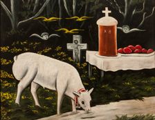 A paschal lamb and easter table with flying angels
