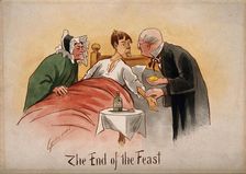 A patient poking out his tongue and having his pulse taken by a physician, c1895. Creator: Martin Anderson