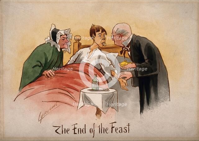 A patient poking out his tongue and having his pulse taken by a physician, c1895. Creator: Martin Anderson.