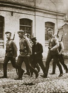 A patrol hunting down suspects following the revolt at Vyborg, Russia, early 20th century
