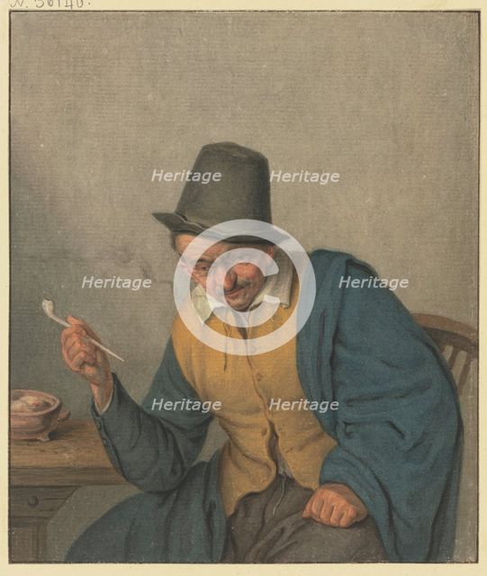 A pensive farmer sitting at a table, holding a pipe in his hand, late 18th century?. Creator: Benjamin Wolf.