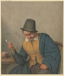 A pensive farmer sitting at a table, holding a pipe in his hand, late 18th century?. Creator: Benjamin Wolf
