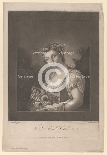 A Peach Girl: a woman carrying peaches in her apron and holding up one, 1786. Creator: James Wilson.