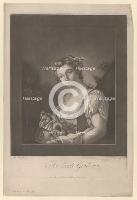 A Peach Girl: a woman carrying peaches in her apron and holding up one, 1786. Creator: James Wilson.
