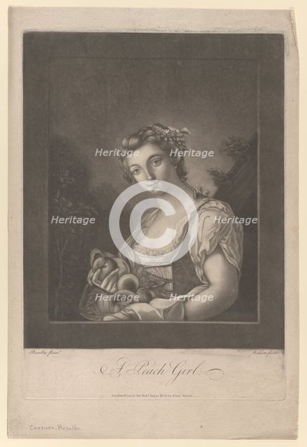 A Peach Girl: a woman carrying peaches in her apron and holding up one, 1786. Creator: James Wilson.