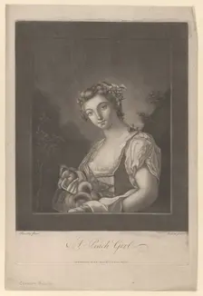 A Peach Girl: a woman carrying peaches in her apron and holding up one, 1786. Creator: James Wilson