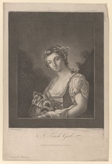 A Peach Girl: a woman carrying peaches in her apron and holding up one, 1786. Creator: James Wilson