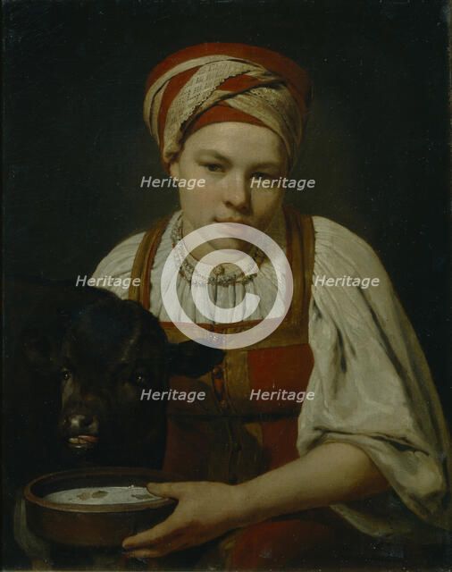 A Peasant Girl with a Calf, End 1820s. Artist: Venetsianov, Alexei Gavrilovich (1780-1847)
