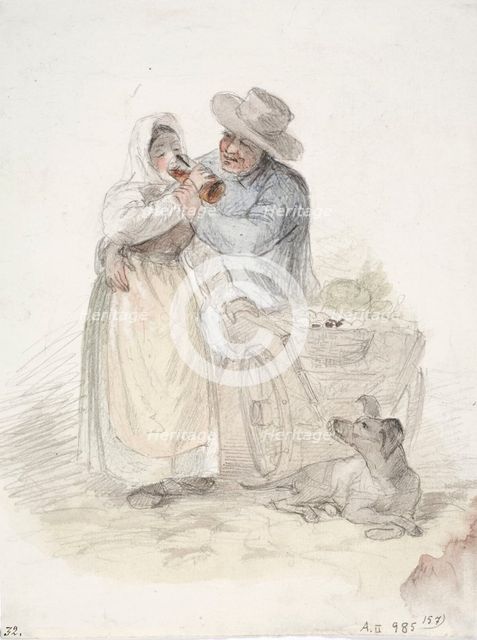 A peasant girl tries to finish a glass of beer..., 1850-1855. Creator: Karl Anders Ekman.