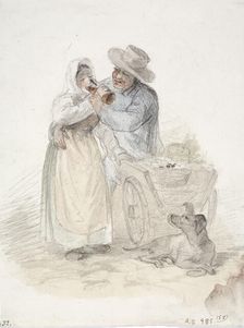 A peasant girl tries to finish a glass of beer..., 1850-1855. Creator: Karl Anders Ekman