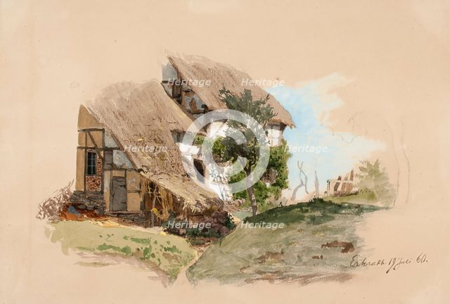 A peasant house in the Rhineland, a larch tree in the middle of the front of the house, 1860. Creator: Werner Holmberg.